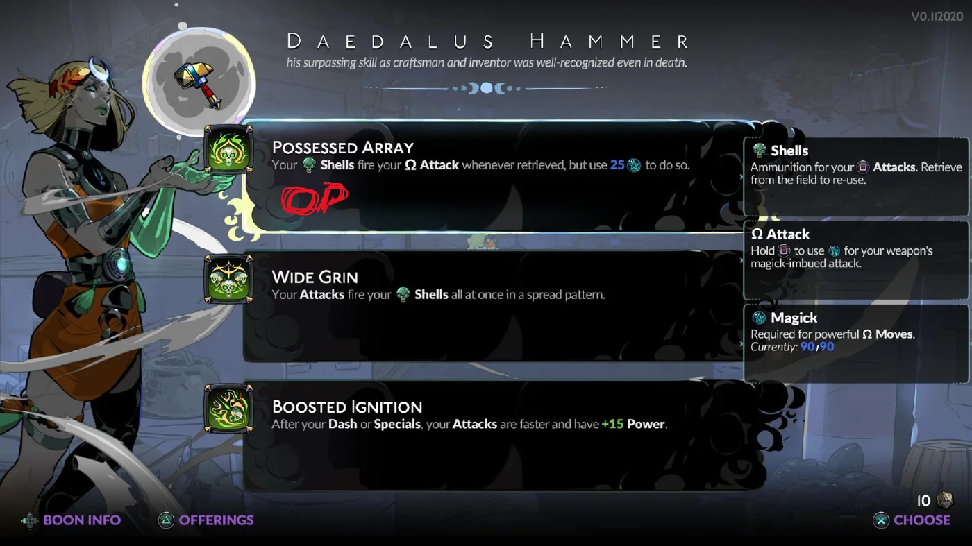 A Daedalus Hammer offering in Hades II with three upgrade options, the first annotated in red with the word OP