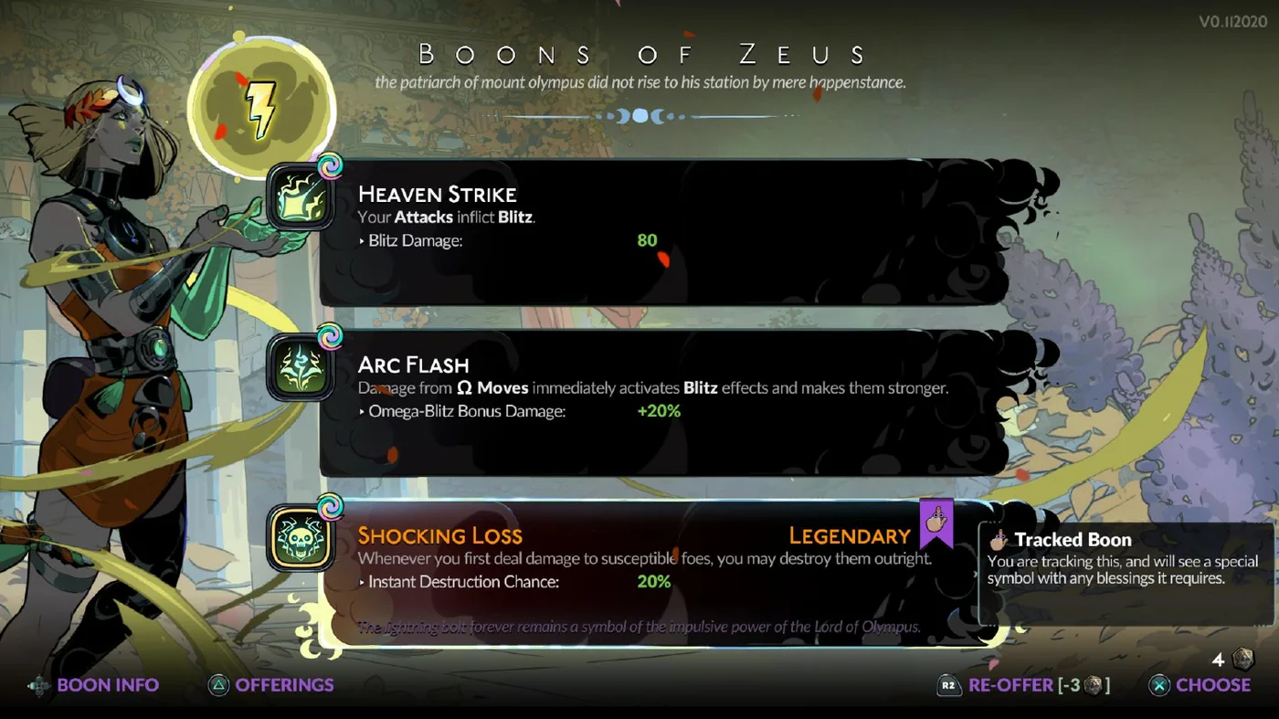 The Boons of Zeus offering screen showing Shocking Loss available and marked Legendary, flagged as a tracked boon