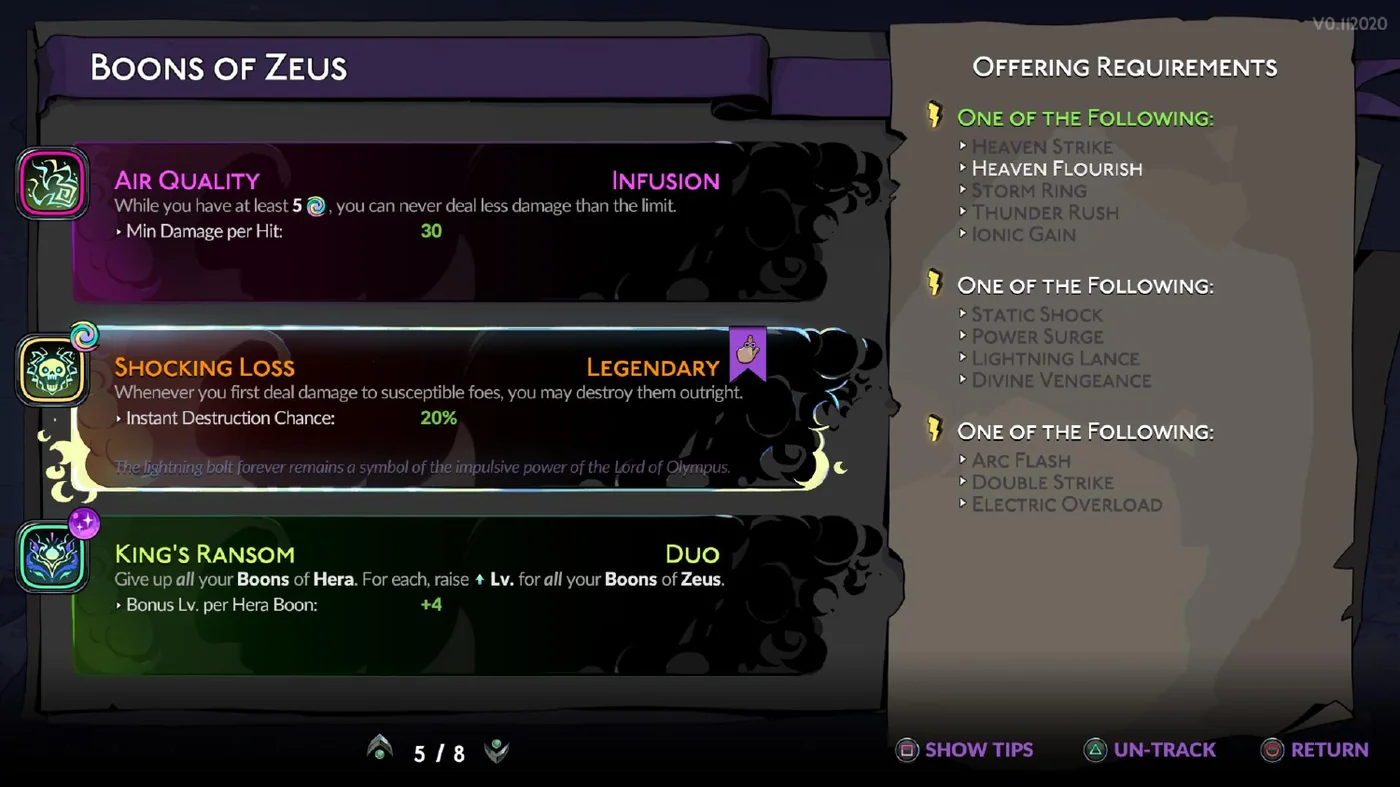 The Boons of Zeus list showing Shocking Loss marked Legendary, beside an Offering Requirements panel listing the prerequisite boons needed to unlock it