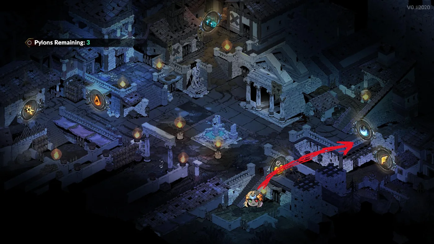 An overhead view of a Hades II region with a red arrow drawn across it marking the chosen route between two exits