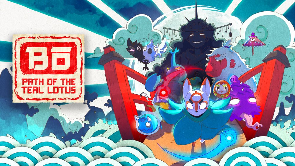 Bō: Path of the Teal Lotus key art, showing a fox spirit and a collection of yokai-inspired creatures in front of a red torii gate