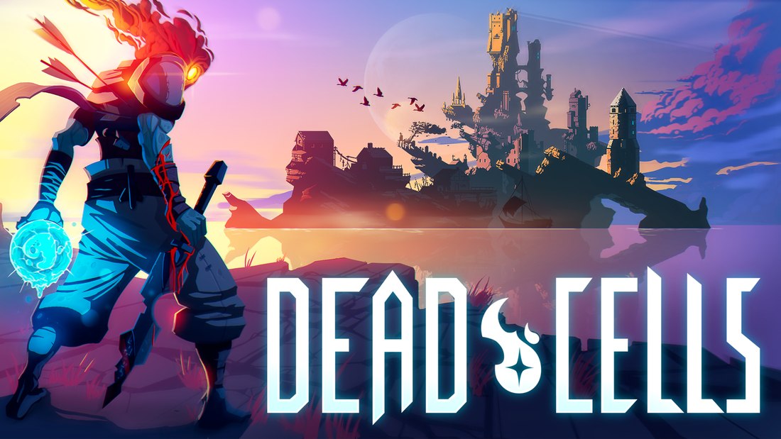Key art for Dead Cells, showing the Beheaded protagonist with flaming head standing before a ruined floating island and castle