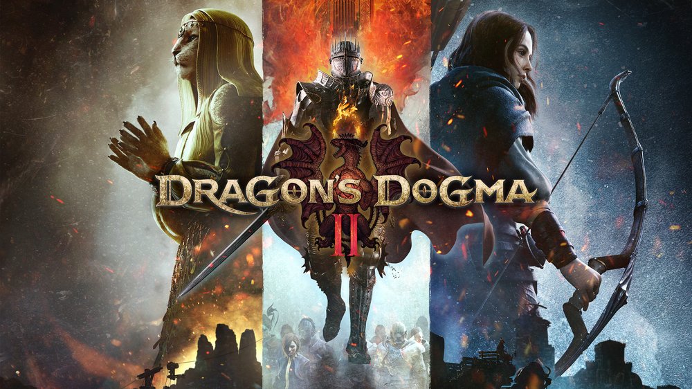 Dragon's Dogma II key art, showing the Arisen and pawns walking through an open fantasy landscape