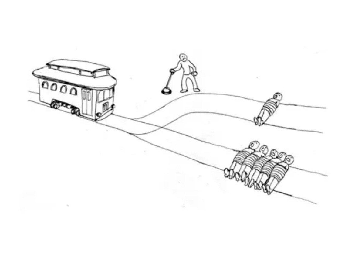 A hand-drawn illustration of the trolley problem, showing a figure at a track switch deciding between one person on one track and five on another