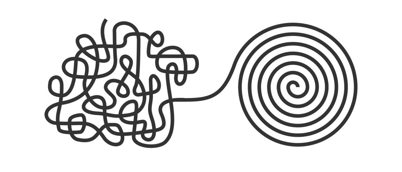 A line-art illustration of a tangled, chaotic scribble unraveling into a single clean, ordered spiral