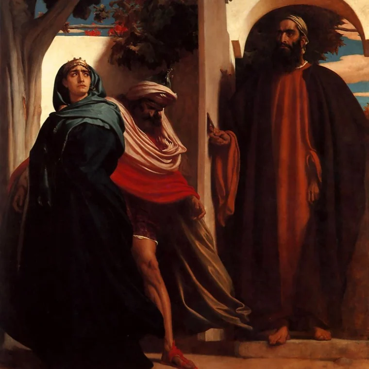 Frederic Leighton's 1863 painting Jezebel and Ahab, showing Jezebel in dark robes beside Ahab in red, confronted by the prophet Elijah