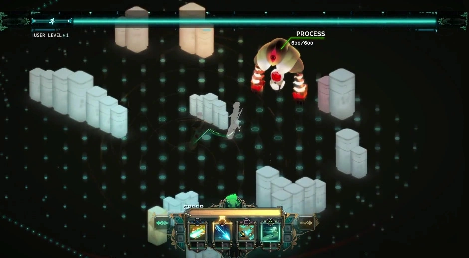 Screenshot with the planned Turn() system active, time frozen and ability slots highlighted