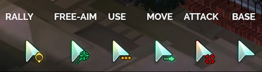 Neon cursor icons for Rally, Free-Aim, Use, Move, Attack, and Base