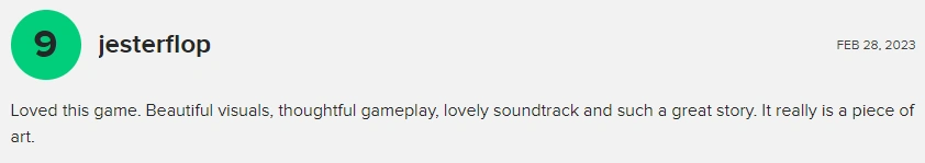 Metacritic user review calling the game a piece of art