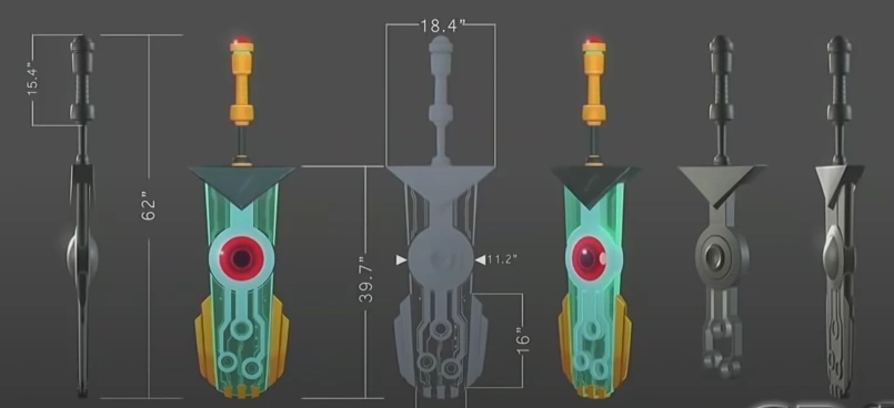 A dimensioned 3D model turnaround sheet of the Transistor sword
