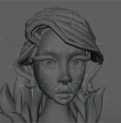 A close-up facial model with joint markers visible across the face