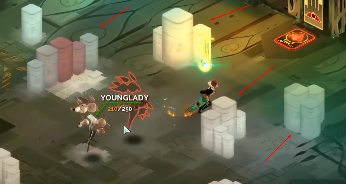 Combat screenshot with red arrows pointing to destructible cover pillars used during Turn() mode