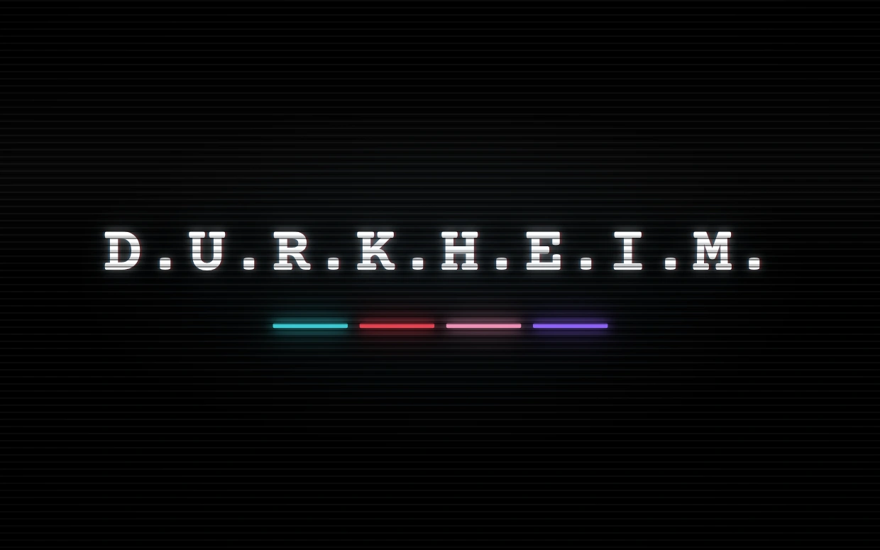 D.U.R.K.H.E.I.M. title card — the wordmark glowing on a black CRT screen with scanlines, above four coloured bars standing for the four inner voices