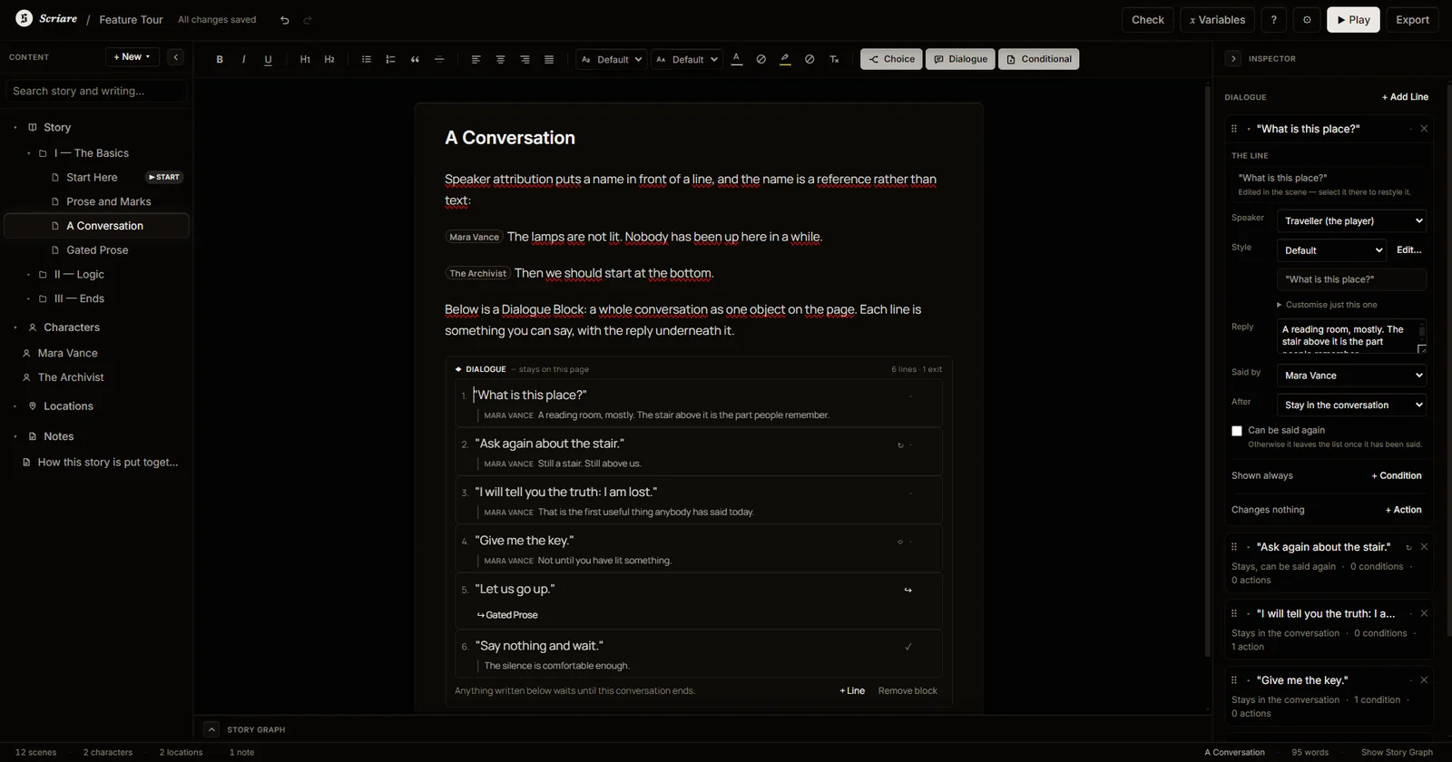 Scriare's scene editor with a Dialogue Block open: six player lines, each with the reply beneath it, and the Inspector showing speaker, style and continuation as dropdowns