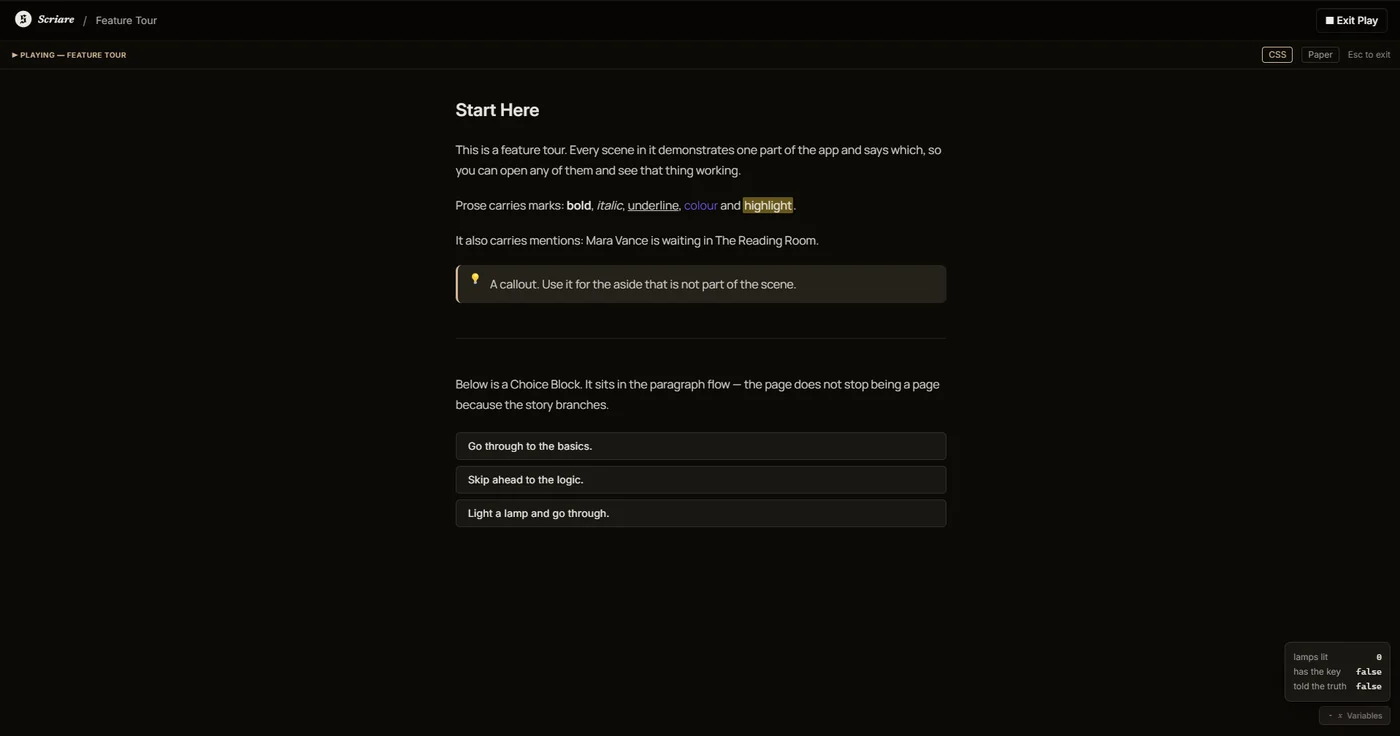 The Feature Tour running in Play Mode on a reading ground, with a choice block and the live variables panel